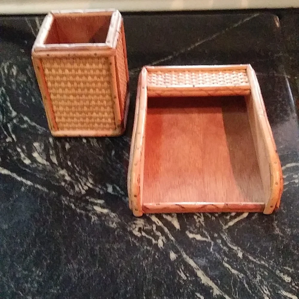 MCM original rattan and wood desk accessories